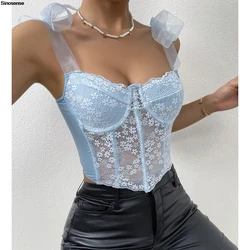 Women Floral Lace Contrast Mesh Tie Strap Bustier Top Elegant Sleeveless Curved Hem Corset Tops Y2K Night Club Party Crop Tops