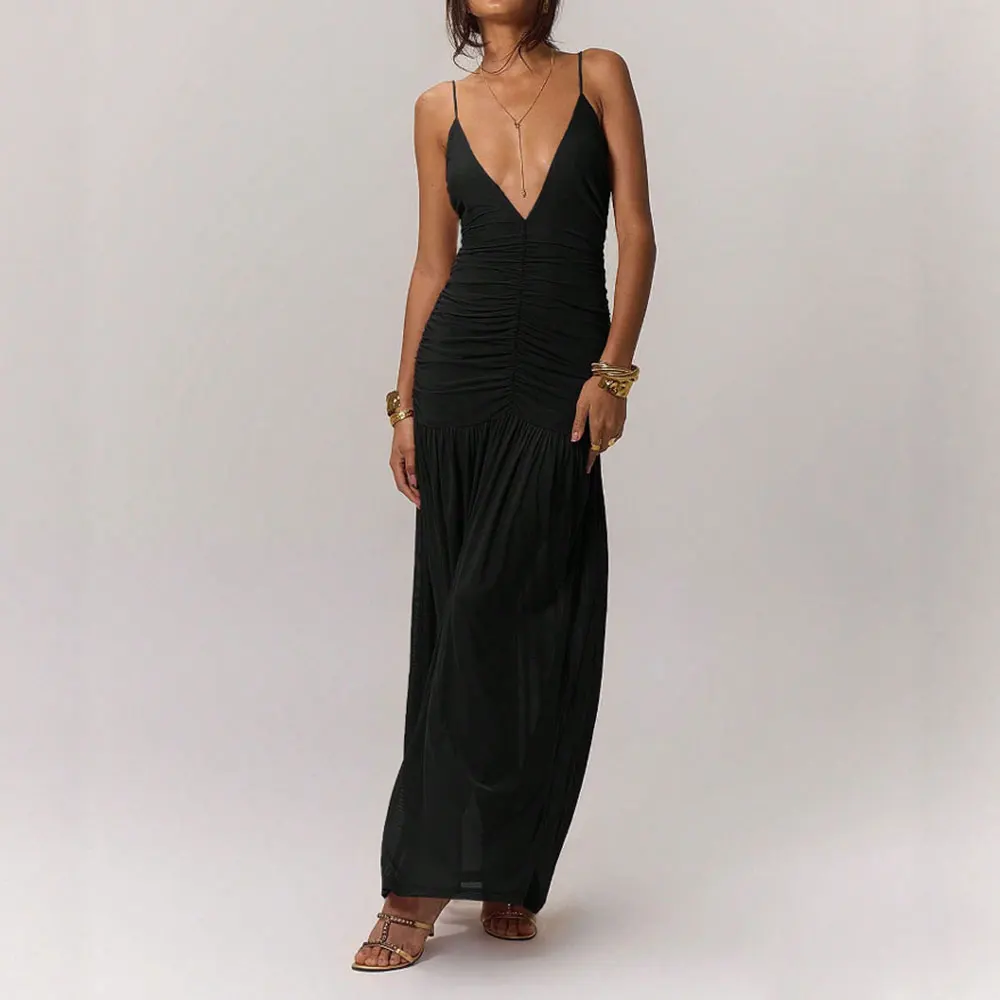 Женские платья Mia Muse, летнее французское элегантное приличное модное платье 2025 года, простое сексуальное длинное вечернее платье без рукавов с v-образным вырезом