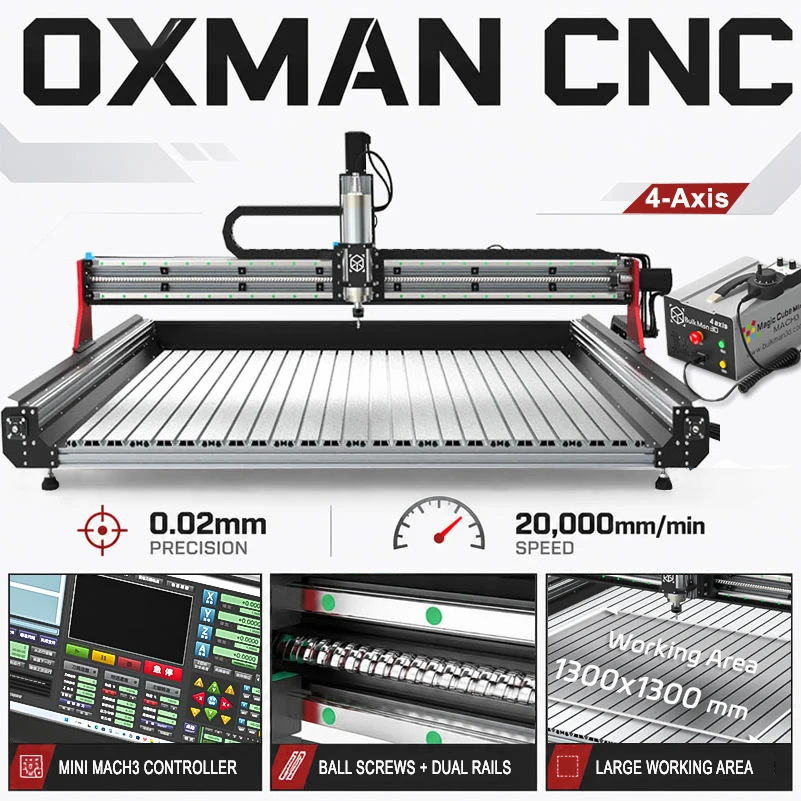 Máquina Router CNC de 4 Ejes BulkMan3D OXMAN UC300 con Husillo de Bolas Mach3 y Rieles Lineales Dobles para Fresado y Grabado en Madera, Metal, Acrílico y Proyectos DIY