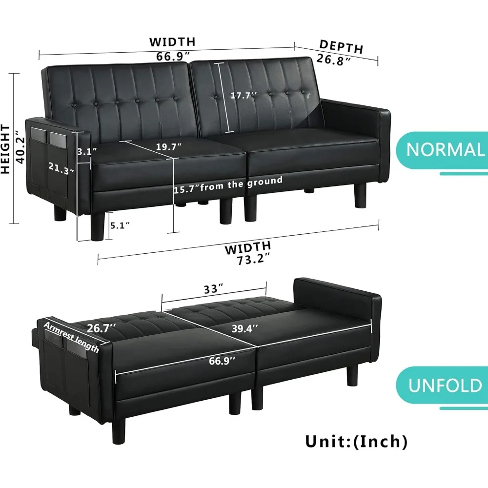 أريكة سرير فوتون قابلة للتحويل مع مسند ظهر قابل للتعديل، أريكة نوم حديثة من الجلد الصناعي معنقدة في منتصف القرن لتوفير الراحة #3