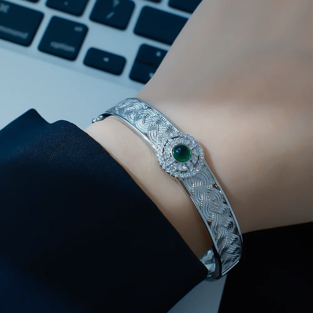 Sam Panda 925 Sterling Silver Jade Zircon Bracelet For Women Ethnic Exquisite Pattern Retro Aesthetic Jewelry Gift Dropshipping
