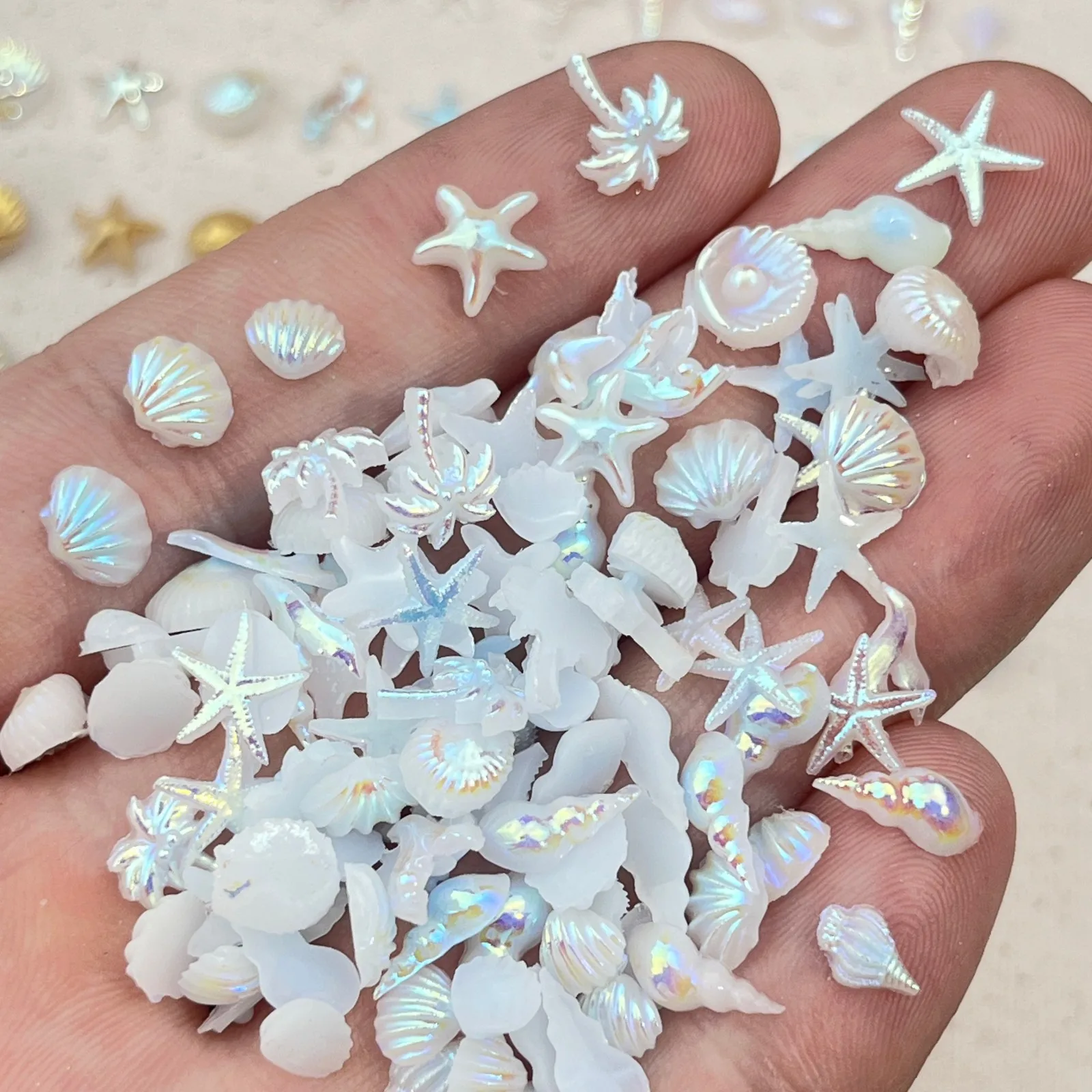 50pcs Ocean Style Cartoon Nail Charms Gold Aurora Blue Conch Shell Mermaid Tail Resin DIY Manicure Nail Art Decor Accessories