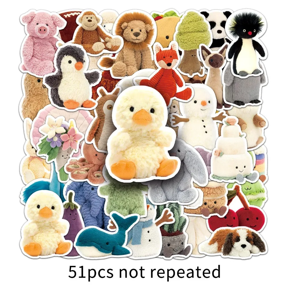 10/51pcs Cute Doll Plush Rabbit Bear Penguin Cartoon Stickers Children Decals Decor DIY Guitar Car Bike Wall Graffiti Decals Toy