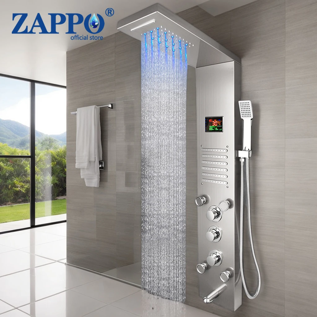 

ZAPPO Digital Display Shower Panel Tower System LED Rainfall and Mist Head Massage Brass Shower Fixtures with Ajust Body Jets