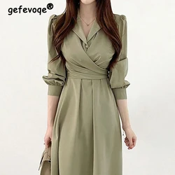 Women Ruffled Bow Lace Up Chic Elegant Party Dresses Korean Fashion Office Lady Business Casual Long Sleeve Midi Dress Vestidos