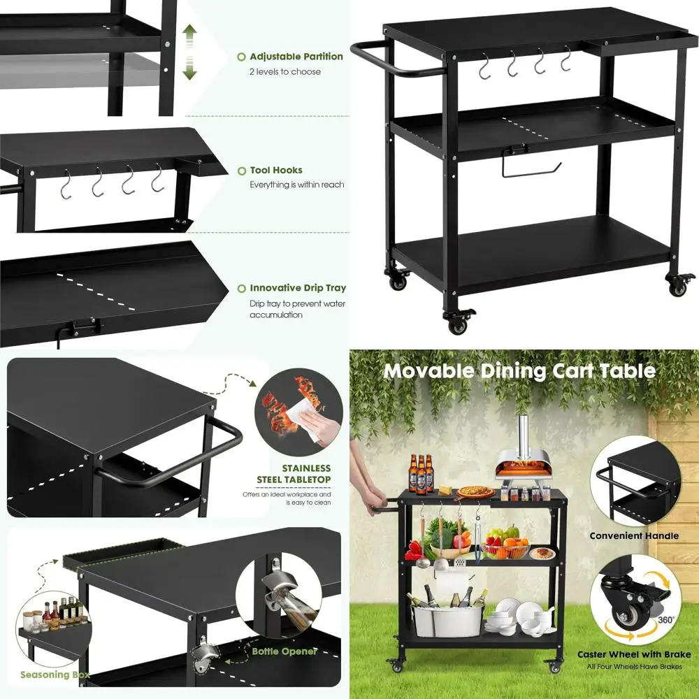 

Portable Outdoor BBQ Cart with Pizza Oven, Lockable Casters, Hooks, and Side Handle - Multifunctional Black