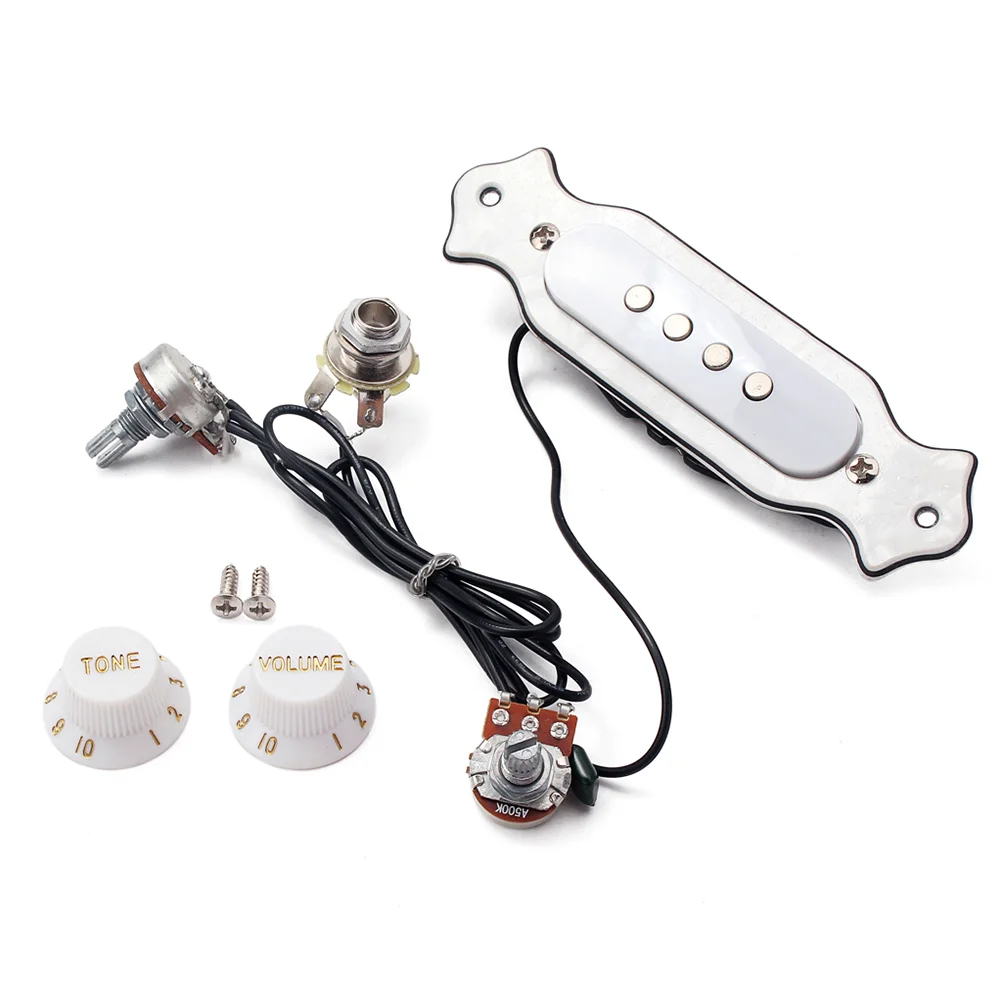 Pre-wired 4 String Electric Box Guitar Magnetic Soundhole Pickup with Volume Tone Control Knob GMB337 White