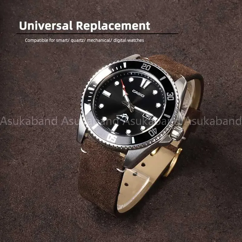 本物のスエードレザーの時計ストラップ,セイコーとカシオ用のビンテージスタイルの時計バンド,男性と女性用のクイックリリースブレスレット,20mm, 22mm