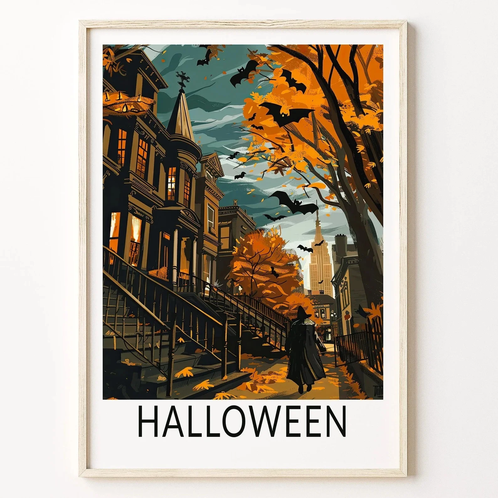 Halloween City Street Autumn Victorian House Bat Witch Figure Canvas Poster Prints Frameless Wall Art Urban Fall Decorations