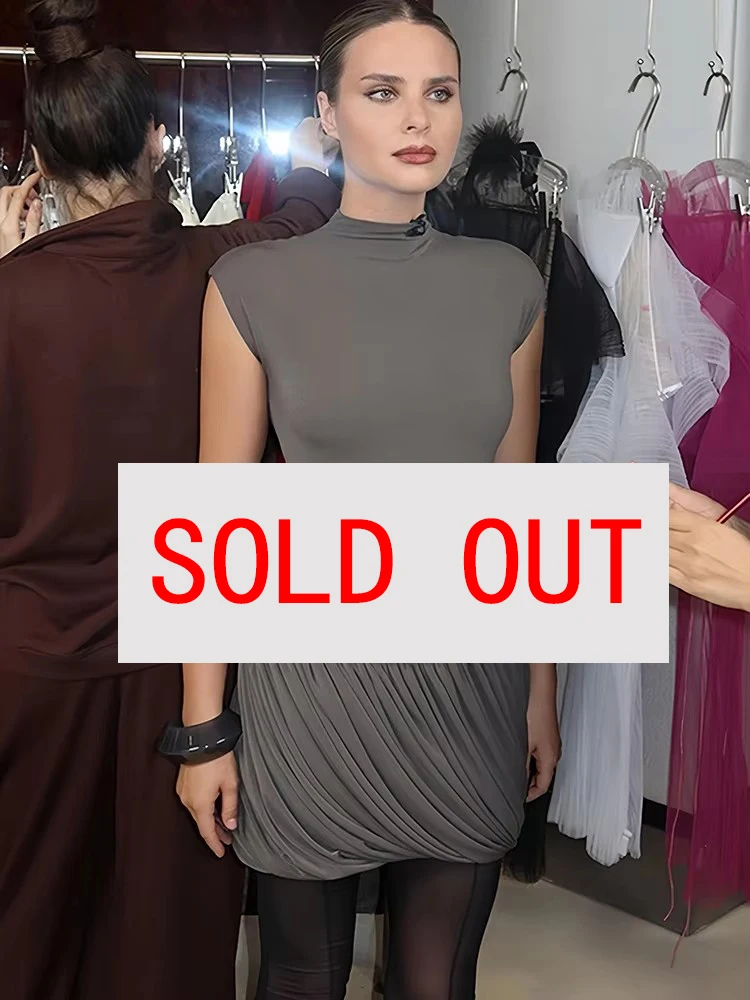 

Oniflyme Half High Collar Ruched Mini Dress Women Fashion Solid Color Short Sleeve Bodycon Pleated Dresses Sexy Partywear Robes