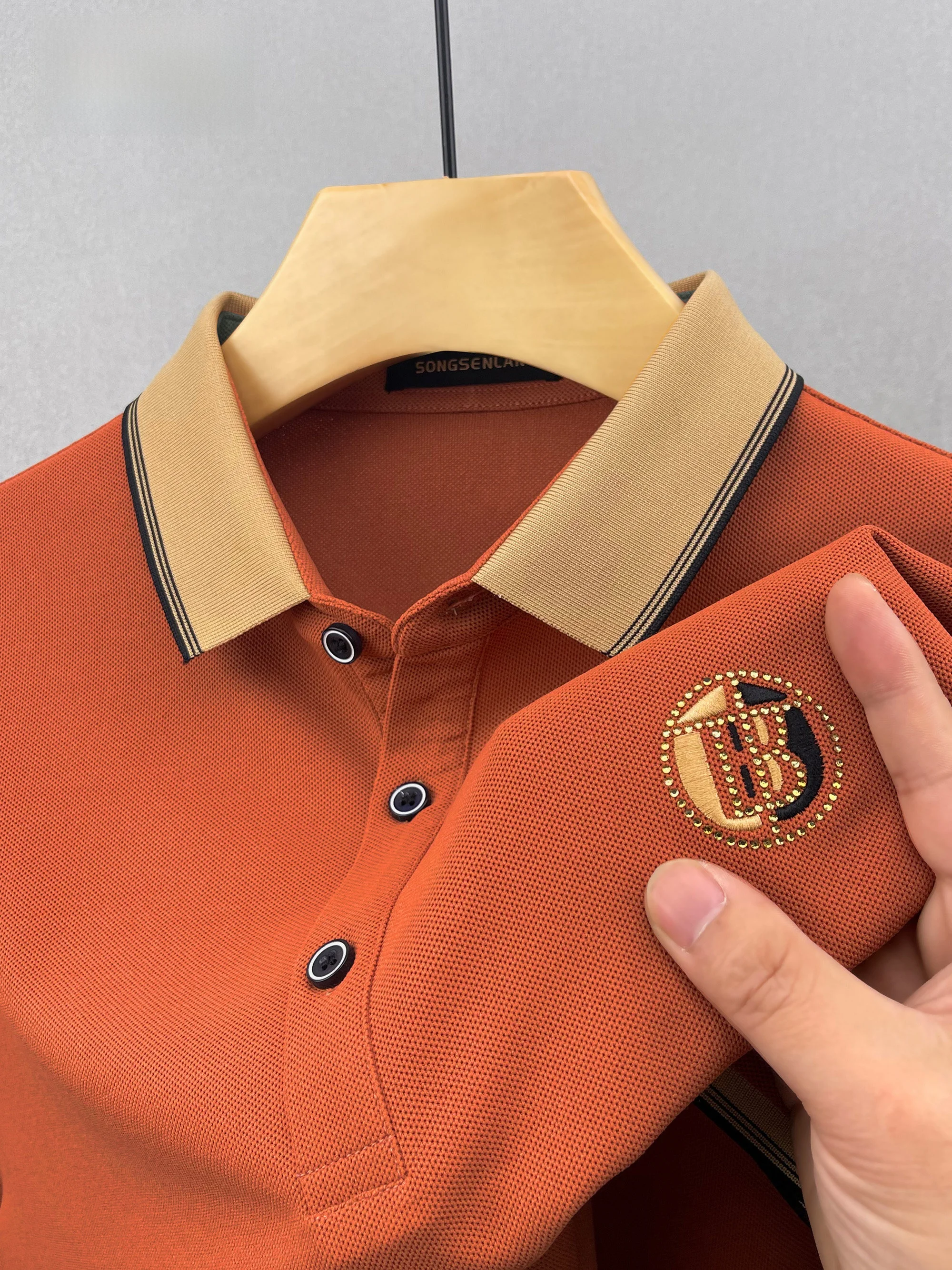 

Embroidered Collar Long Sve Pure Cotton Casual irt Men's Summer Trendy T-irt Busin Gentleman Sle Stand Fit