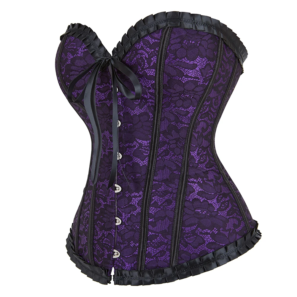 Lavender Overbust Korset Slimming Body Shaper Daily Wear Costumes Outfit Ruffled Lace Up Boned Corset Bustier 898#