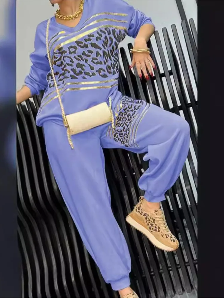 Fashion V-neck Long-sleeved Sweatshirt Top + Pants 2-piece Set For Women Autumn Loose Leopard Printing Pocket Casual Suit Female