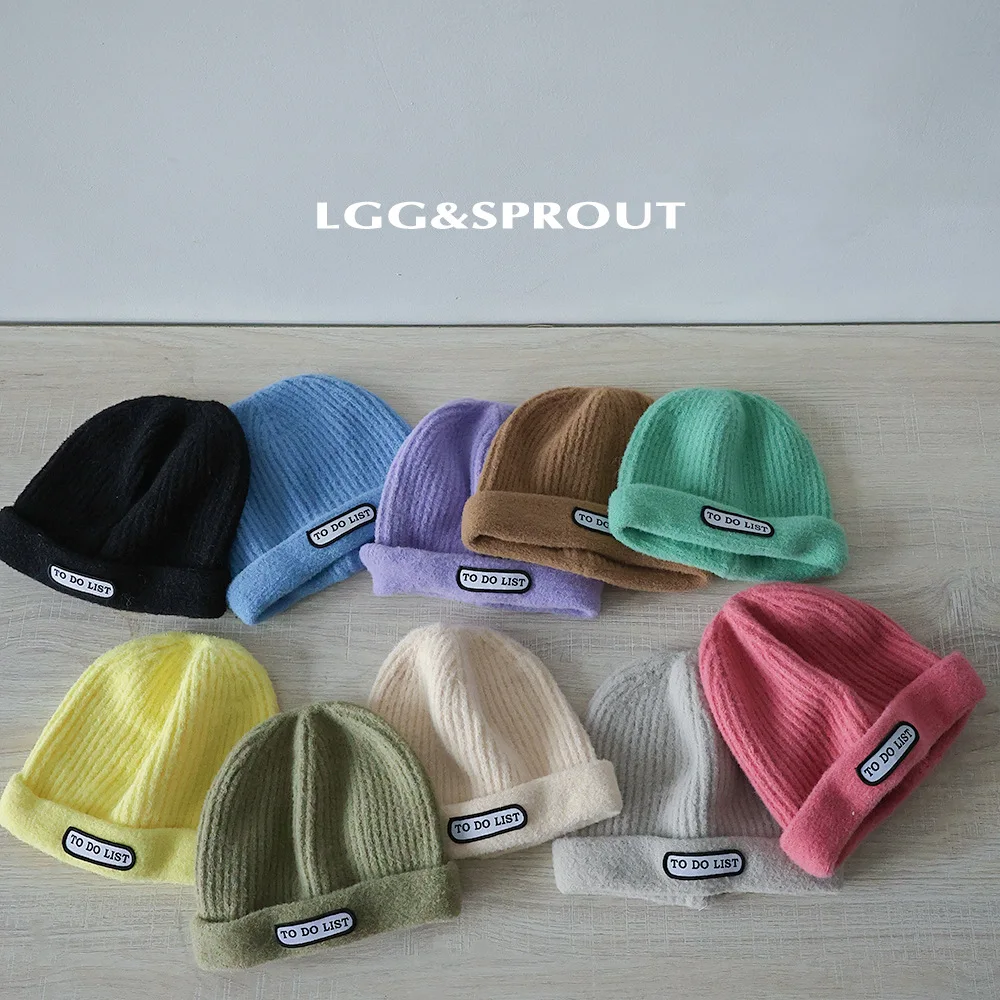 

2024 New Baby Boys Girls Hat Cute Color Letter Knitted Caps Autumn Winter Ear Protection Hat