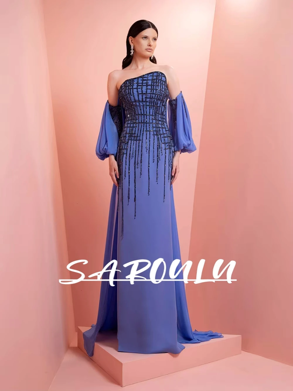 

Стильное роскошное синее вечернее платье с открытыми плечами, сверкающее бисером, нежное платье с пышными рукавами, платье макси для выпускного вечера по индивидуальному заказу