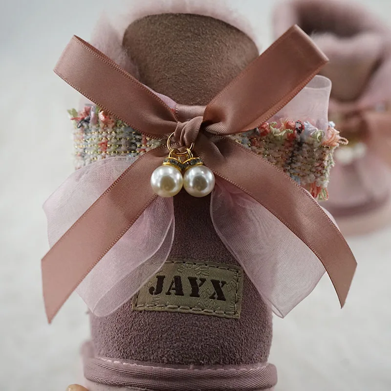 2025 Fashion Real Natural Wool Shoes Woman Winter Classic Snow Boots Genuine Sheepskin Women's Boots Cute Bow Ribbon Lovely Girl