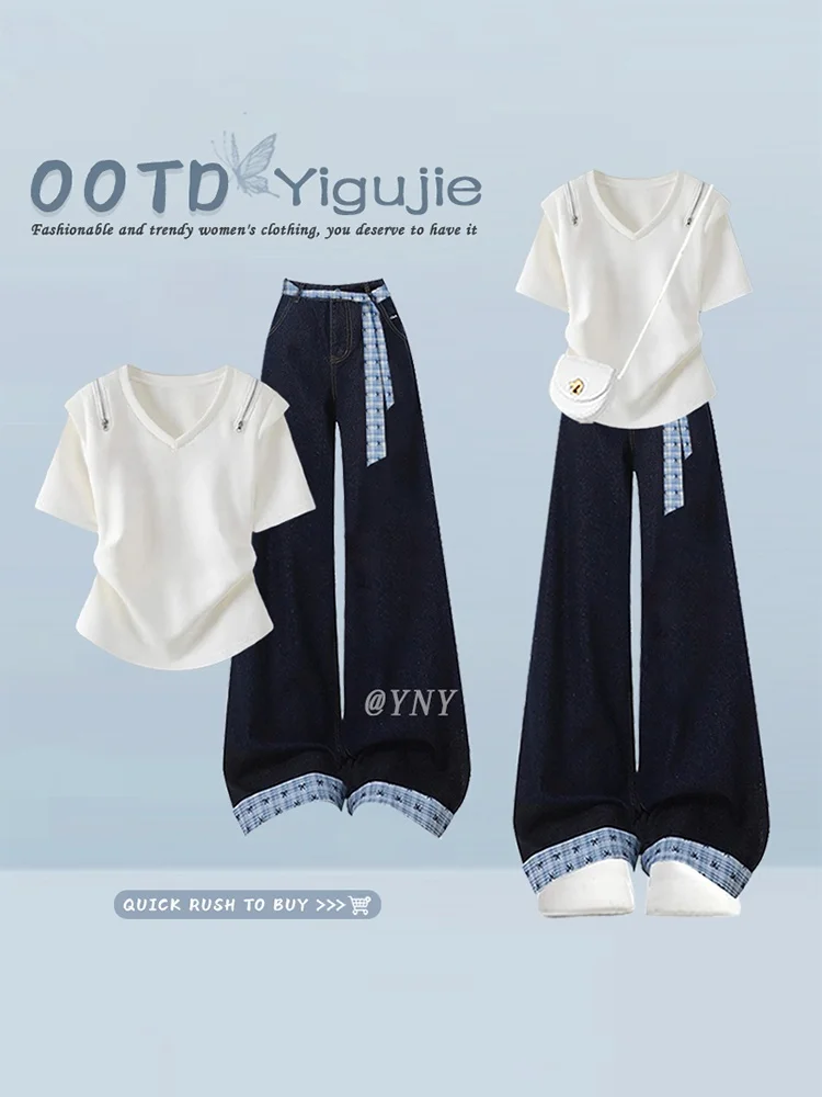 

Simple V-Neck Zipper Short T-Shirt Women's Versatile Age-Defying Waist-Cinching Short Sleeve INS Style Jeans Two-Piece Set