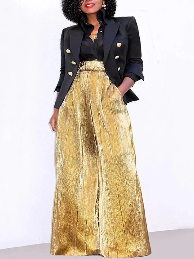 Gymystars Urban Elasticity High-Waisted Wide Leg Gold Pants 2024 Spring Loose  Causal Floor-Length Trousers For Women