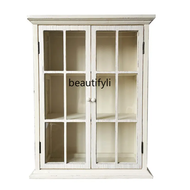 

French Retro Solid Wood Glass Door Wall Cupboard Closet Display Cabinet Kitchen Bathroom Wall Locker storage cabinet furniture