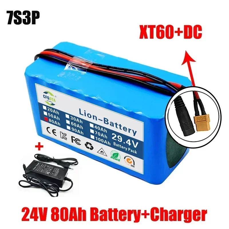 

24V 80Ah 7s3p 18650 Battery Lithium Battery 24v 80000mAh Electric Bicycle Moped Electric Lithium Ion Battery Pack + 2A Charger