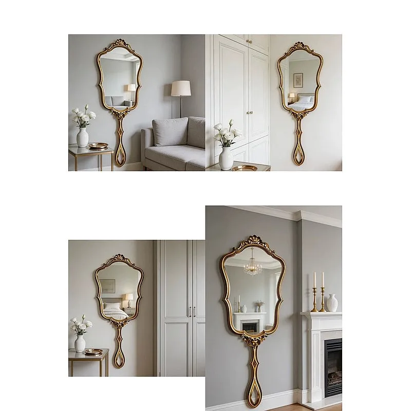 Elegant French Vintage Carved Handle Irregular Wall Mounted Full Length Mirror Luxury Decor