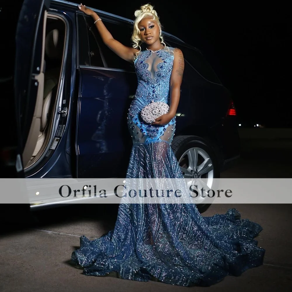 Blue Prom Dresses Black Girls 2026 Long Mermaid Luxury Sequins Beading Evening Gowns Gala Gown Customized