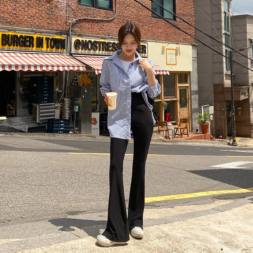 Taille haute élastique coupe ajustée pantalons longs pantalon tricoté décontracté taille haute jambe fendue pantalon Long décontracté femme Faion