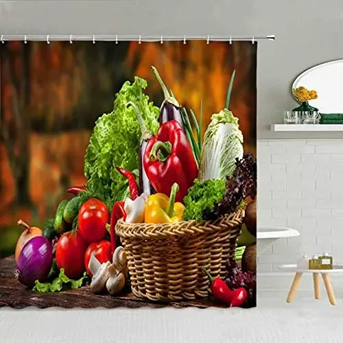 Black and White Shower Curtain,Kitchen Fruits and Vegetables Nature with Dots Chess Squares Art Design,Cloth Fabric Bathroom Set