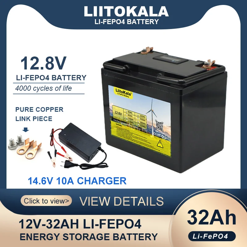 

LiitoKala 12.8V 32AH LiFePO4 Battery12V 256w with BMS Lithium Iron Phosphate Batteries Cycles inverter Solar Wind 14.6v Charger