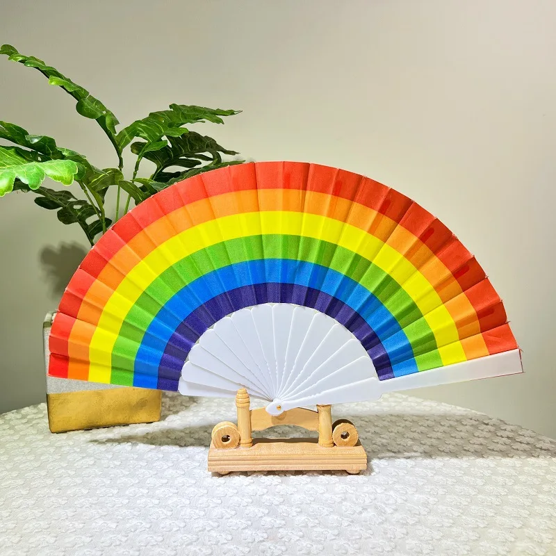 2PC Rainbow Handheld Folding Fan Spanish Adults/Children Dance Performance Rainbow Hand Fan Home Decor Props Craft Fans