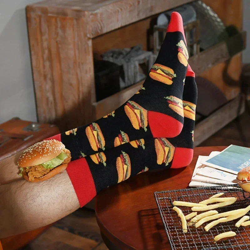 Men Series Cotton Crew Socks Funny Daily Happy Cartoon Rocket burger food Men's Long Skateboard Socks EU 37-42