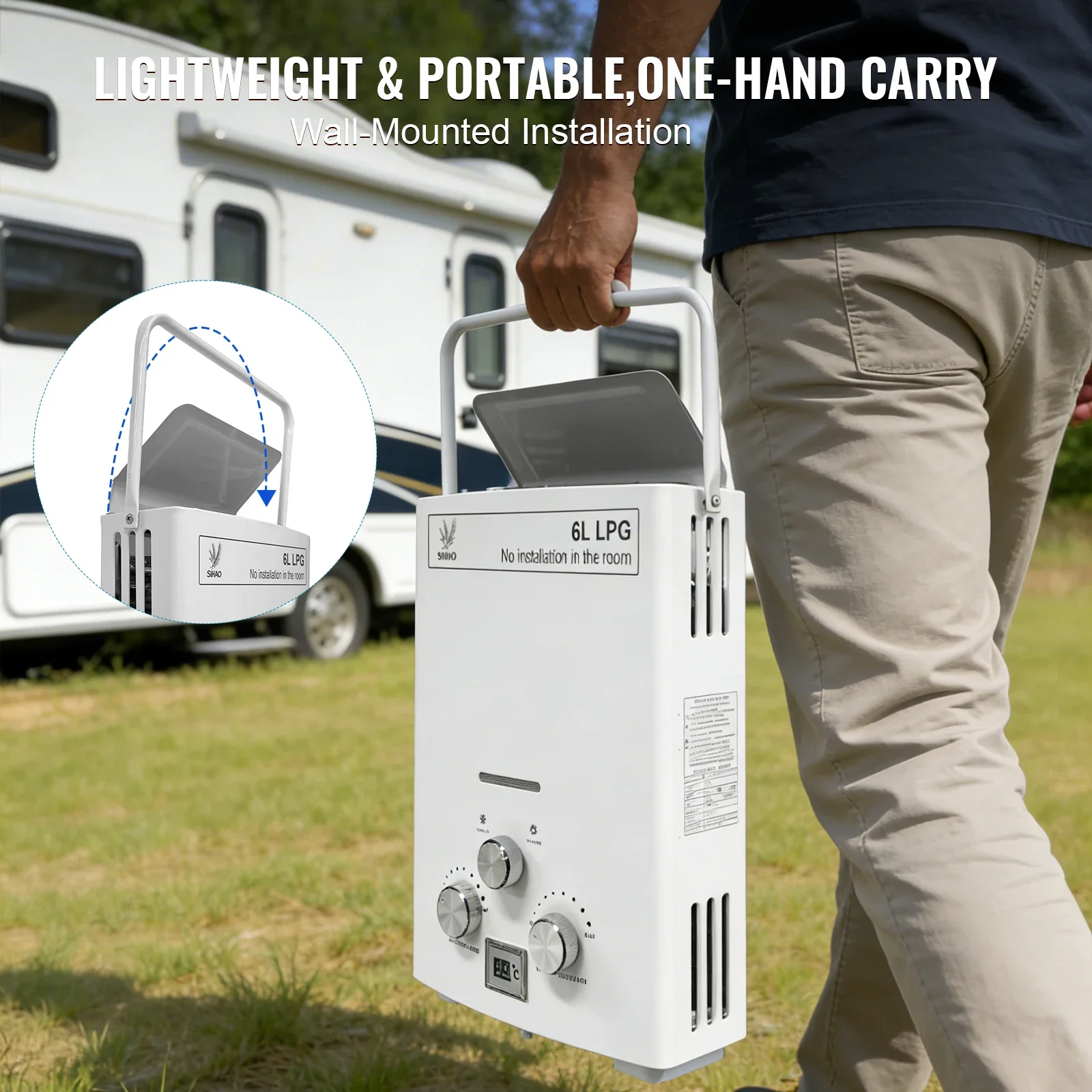 SIHAO Portable On-Demand Shower Heater 6L Propane Gas Tankless Water Heater with Digital Display, Outdoor Instant Hot Water System for RV Camper, Travel & Backyard Bathroom
