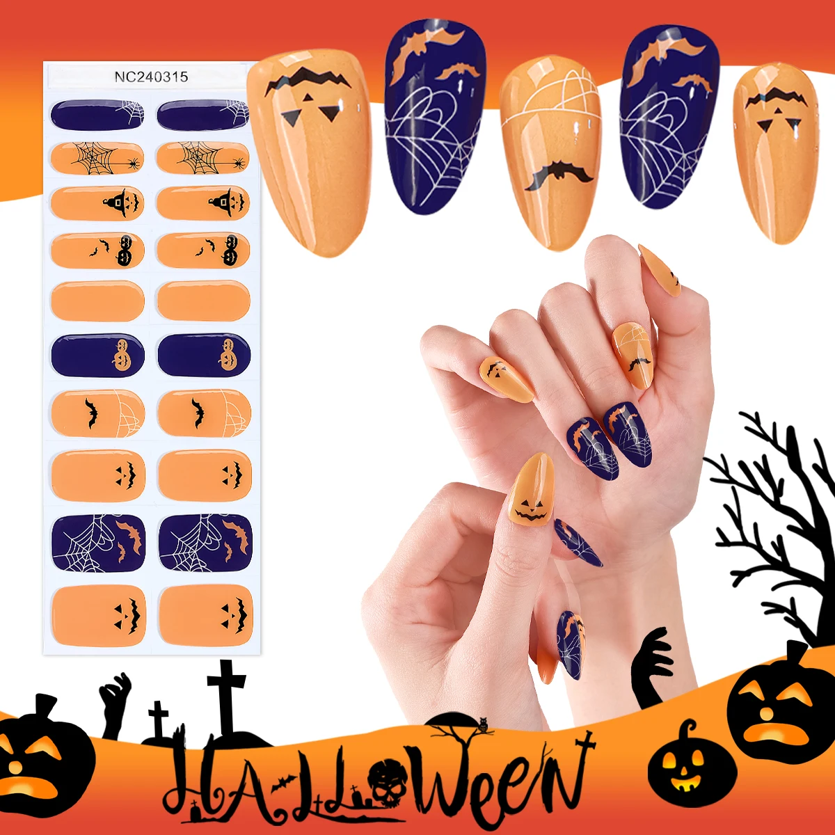 Halloween Semi Curado Nail Gel Tiras, Laranja, Preto, Abóbora, Morcego, Aranha, Etiqueta UV, Pressione em Unhas, Manicure Sliders, 3pcs