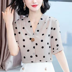 Elegant V-Neck Button Loose Folds Polka Dot Blouse Women's Clothing 2023 Summer New Casual Pullovers Office Lady Chiffon Shirt