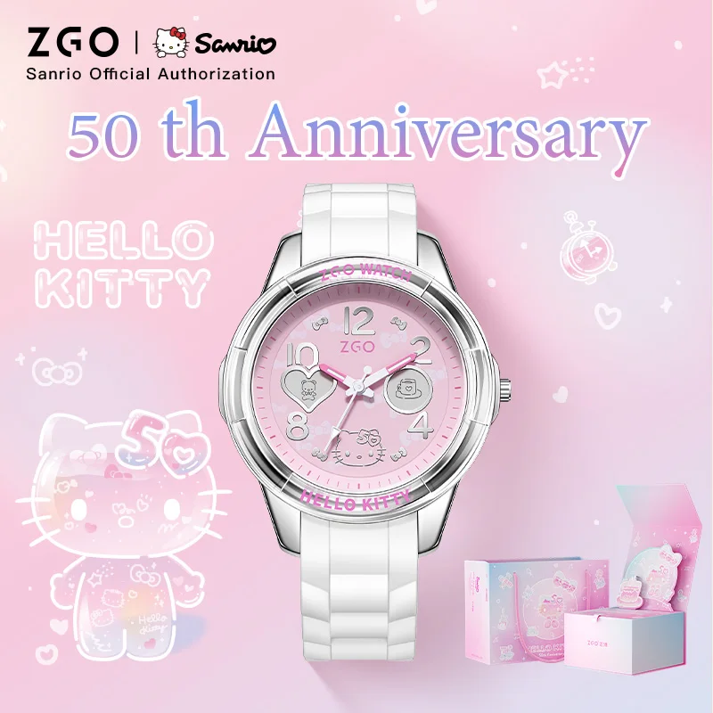 ZGO x Sanrio HelloKitty 50th Anniversary Limited Ladies Watch Quartz alloy WristWatch Birthday Gift Luminous Waterproof 2302