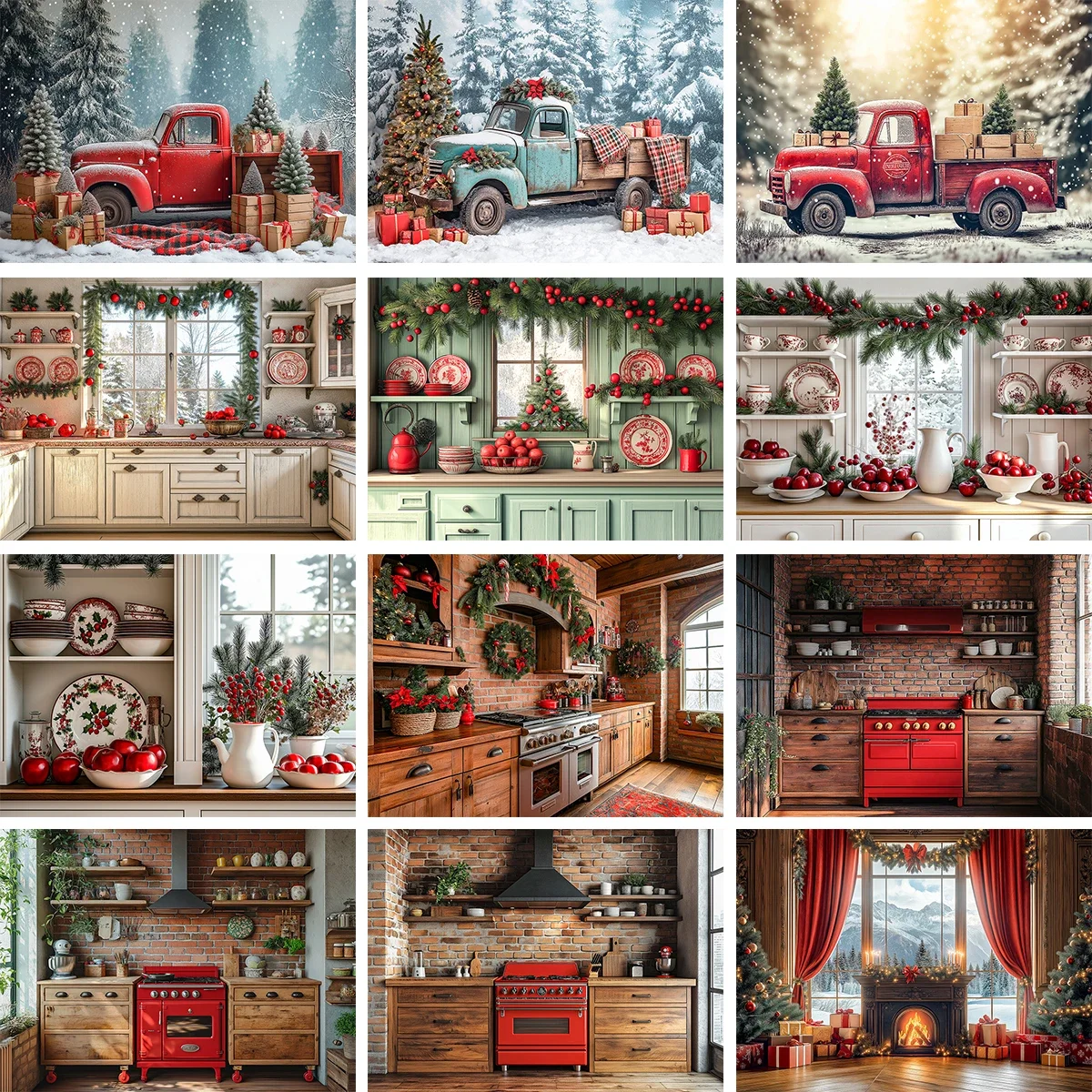 

Christmas Kitchen Background Children Adult Photography Christmas Wreath Windows Snowy Forest Red Truck Photography Background