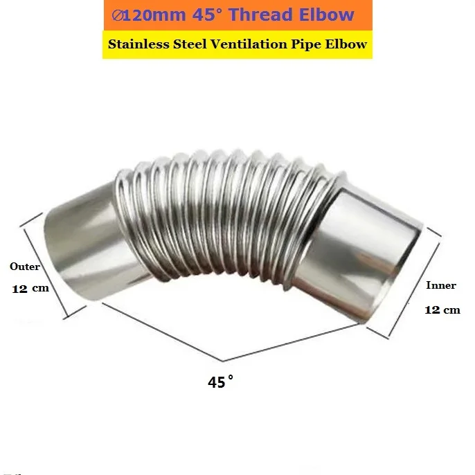 45 °   50-120mm Filettatura in acciaio inossidabile Gomito Tubo di ventilazione Connettore Raccordo di scarico Testa angolare per cucina