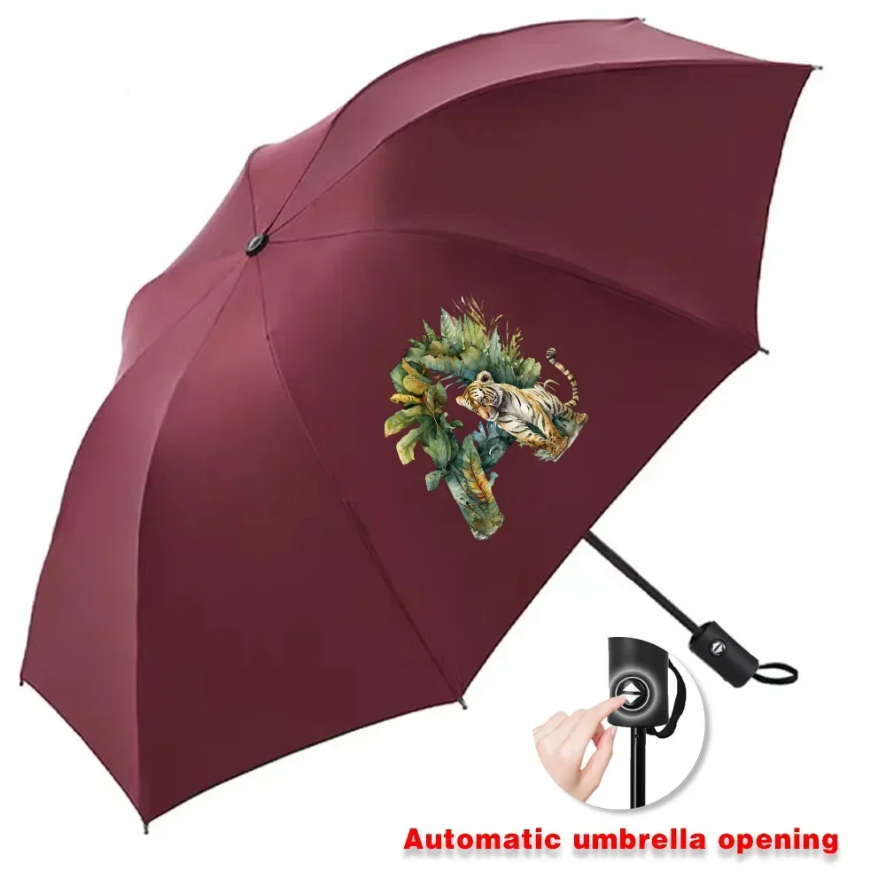 Automatic Umbrella for Sunshine Rainy Windproof Strong Folding Buckle Handle Double Bone Resistant Jungle Tiger Letter Printed