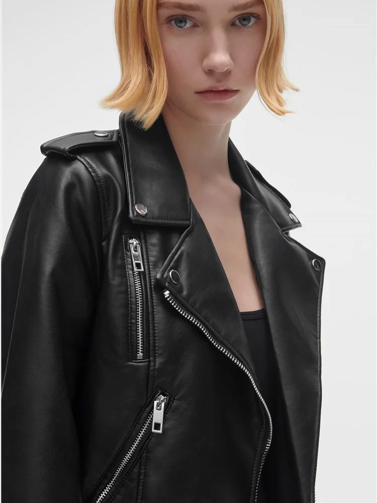 

Весенне-осеннее байкерское пальто из искусственной кожи с длинным воротником-молнией и воротником-стойкой, кожаное пальто, облегающее, для поездок на работу Sle