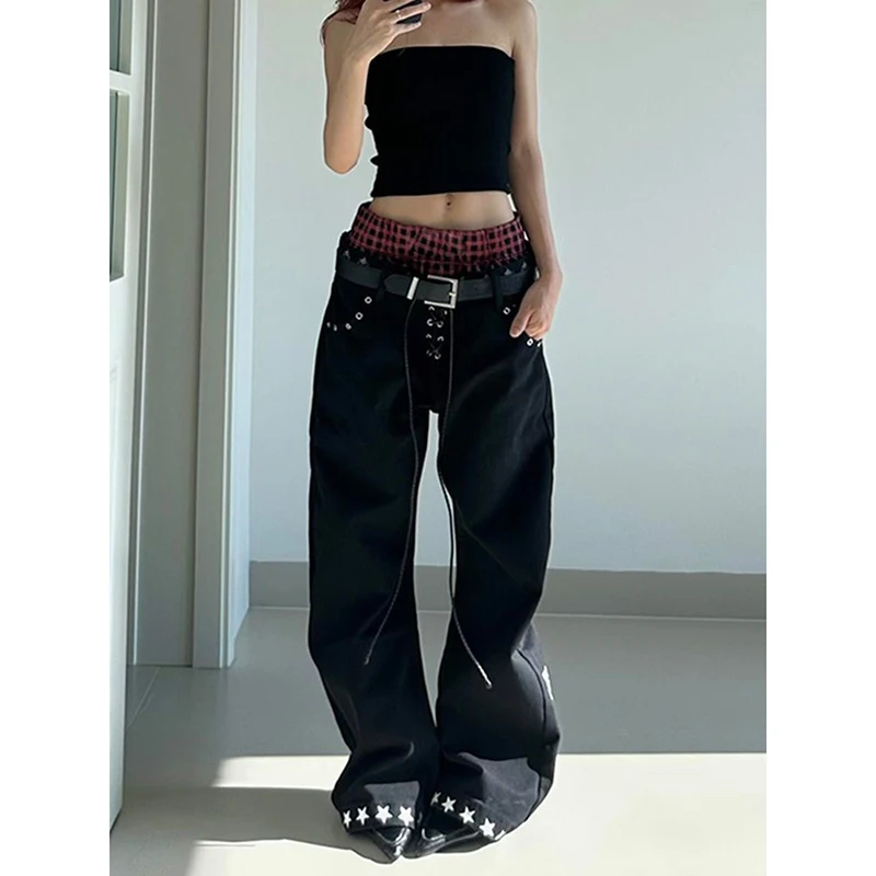 

Women's Harajuku Vintage Oversize Jeans Black Gothic Y2k Baggy Jeans Japanese 2000s Style Emo Wide Leg Denim Trousers Pants 2025