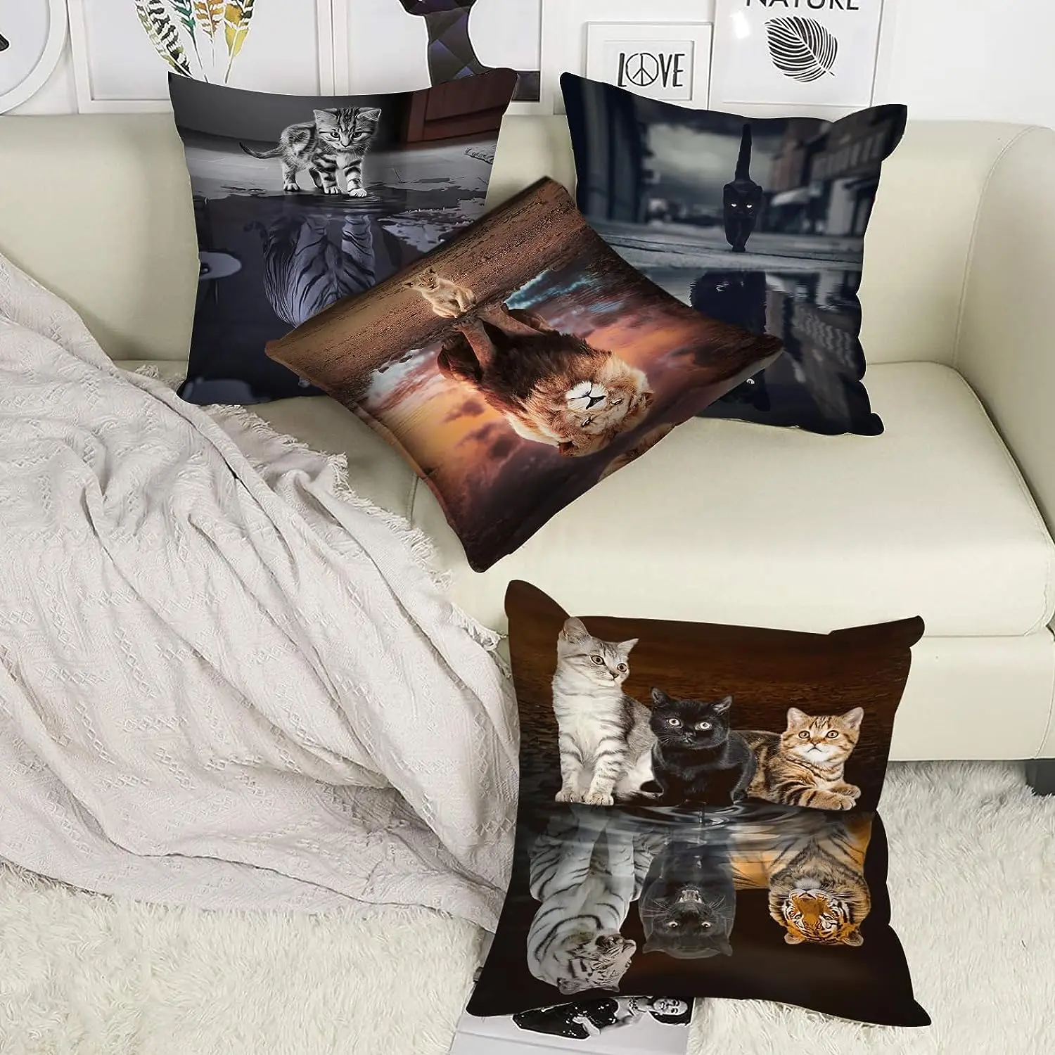 Animal Throw Pillowcase Cushion Cover Cat Reflection Lion Tiger Decorative Pillowcase Sofa Bed Patio Pillowcase45x45 pillow case