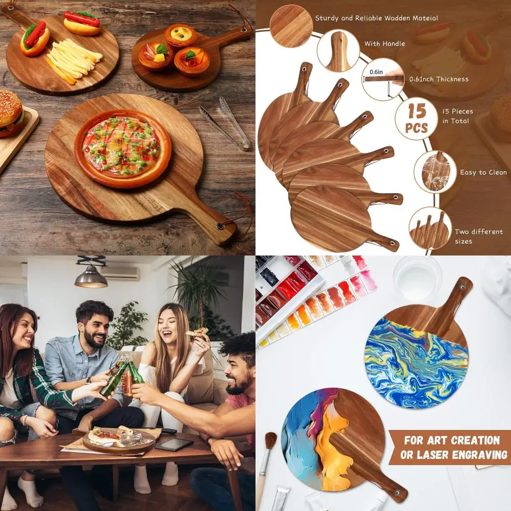 

Set of 15 Acacia Wood Boards with Handle, Large Paddle for Meat, Pizza, Bread, and Baking (3 Sizes) Ideal for Christmas Serving
