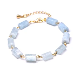 Natural Stone Cylindrica Blue Aquamarine Gold Color Chain Chakra Bracelets for Women Handmade Healthy Trendy Jewelry