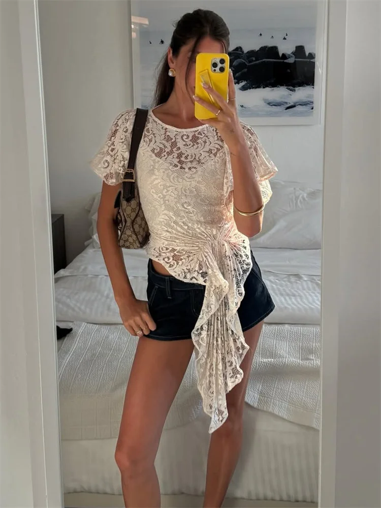 

Tossy White Lace Hollow Out Vest Top Female Sexy Ruffled See-Through Short Sleeve Cropped Y2k Top Tee Women's Summer Tank Top