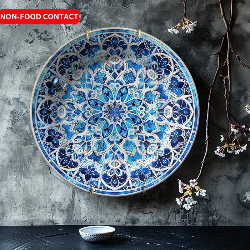 Vibrant Persian Blue Floral Mandala Ceramic Decor Plate - Hanging Wall Art， Suitable for families, living rooms, and offices