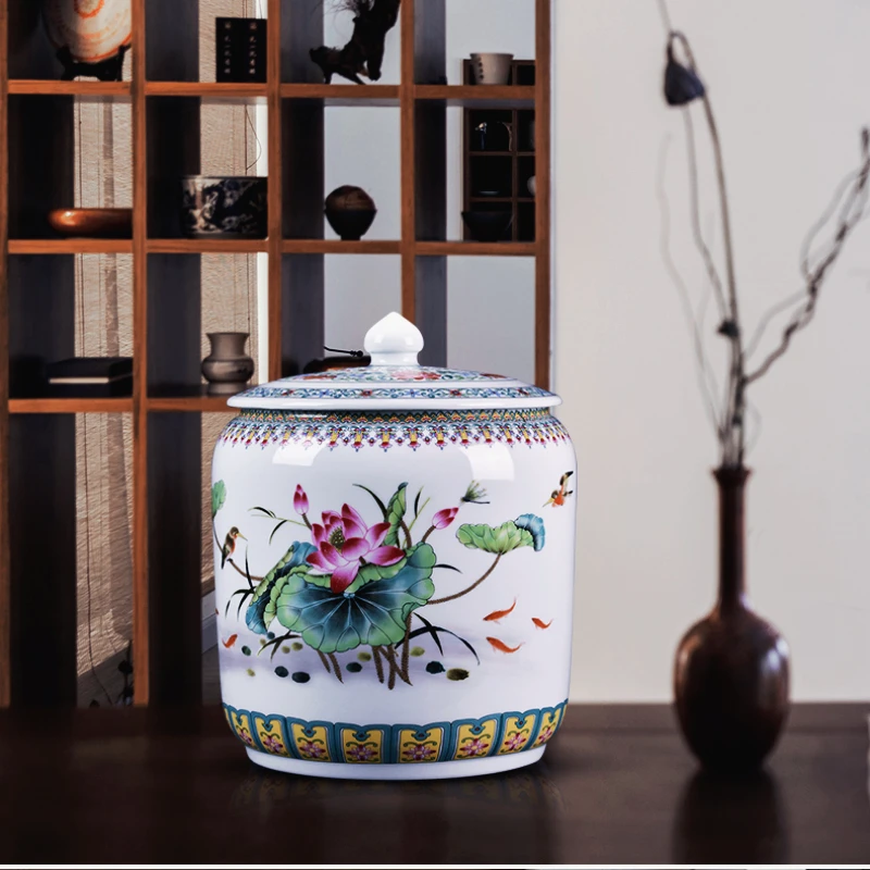 

Jingdezhen Ceramic Enamel Antique Jar Household Tea Jar Sealed Storage Utensils Pu'er Storage Tea Caddy with Lid