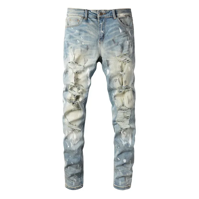 European and American Men's Retro Luxury and Trendy Jeans with Paint Splashes, Patched Holes, Slim Fit and High-street Style.