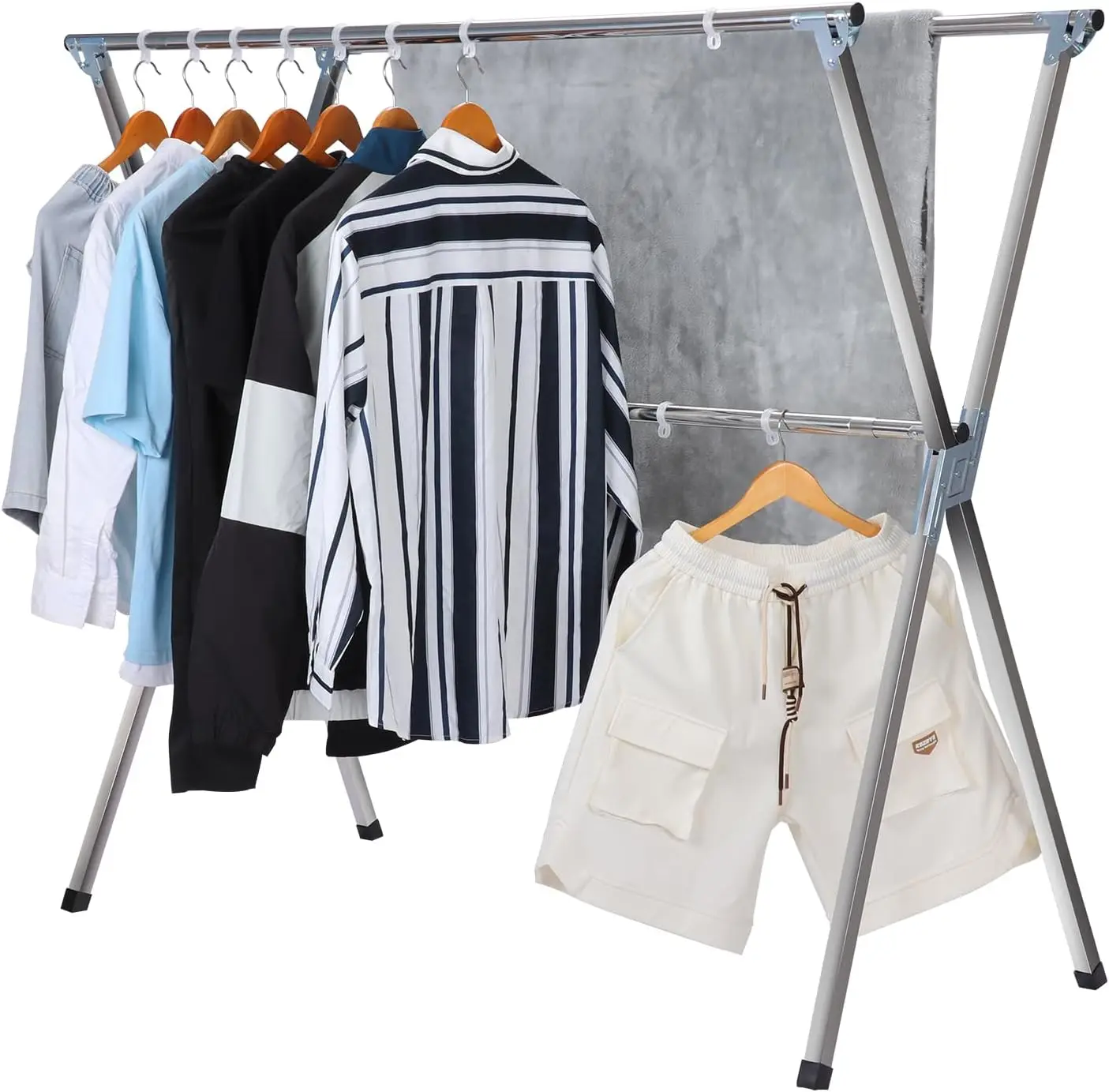 Home Appliance Non-slip Foldable Clothes Drying Rack Holder Rust-resistant Clothing Coat Stainless Steel Shelf Hanger with Hooks