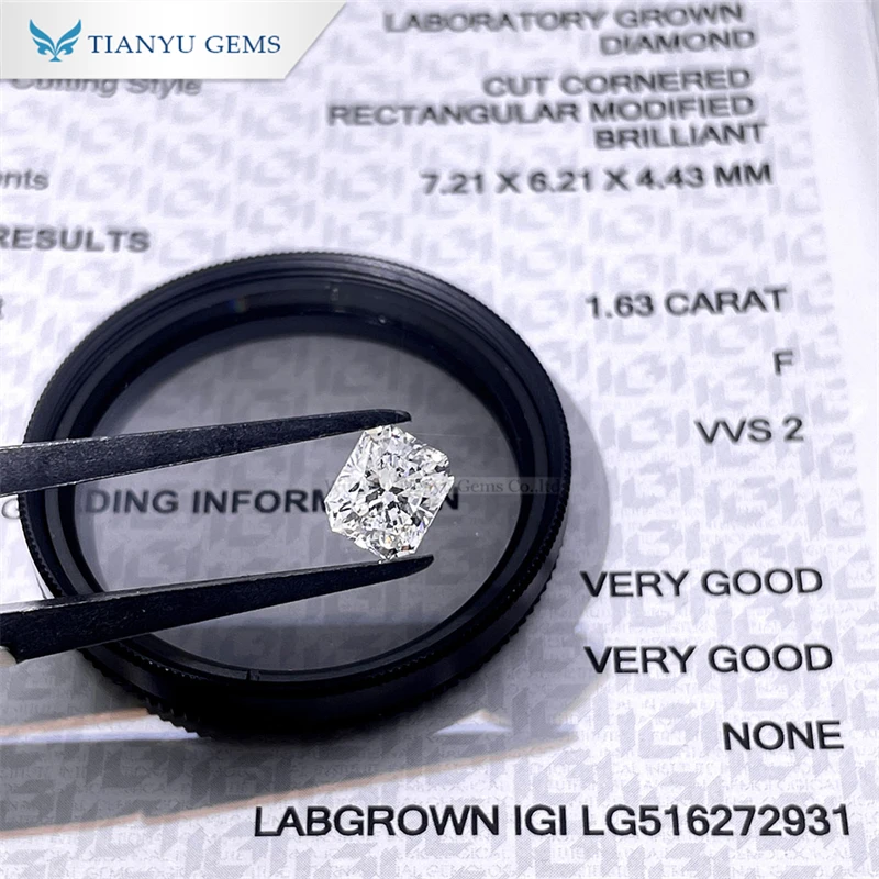 

Tianyu Gems 1.63ct Radiant Cut F VVS2 Lab Grown Diamond CVD 7.21*6.21*4.43mm IGI Certified White Sparkle Loose Stone Lab Created