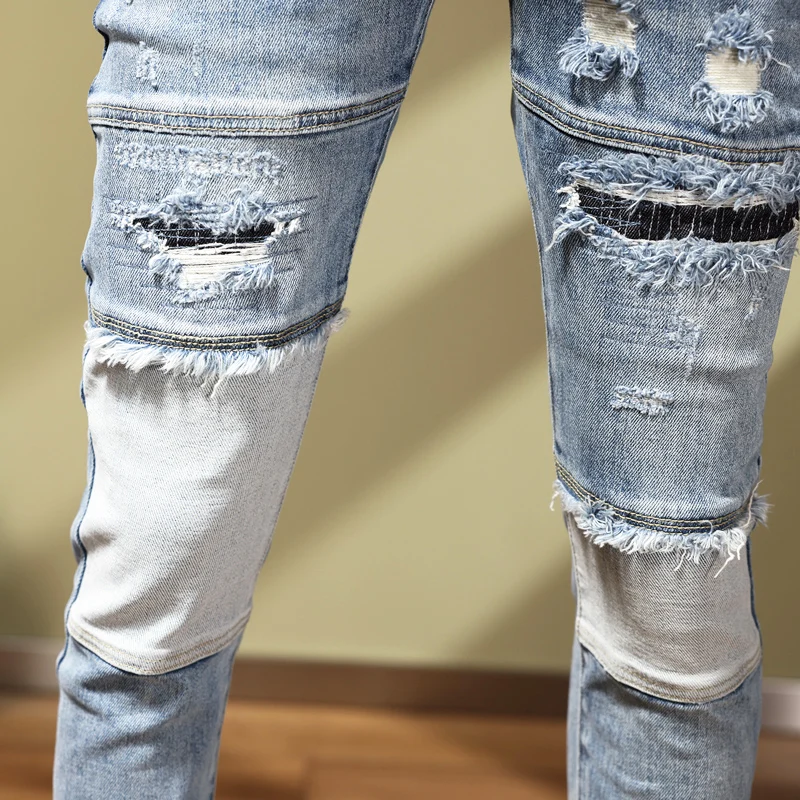 Street Fashion Men Jeans Retro Light Blue Elastic Stretch Skinny Ripped Jeans Men Spliced Designer Hip Hop Biker Pants Hombre